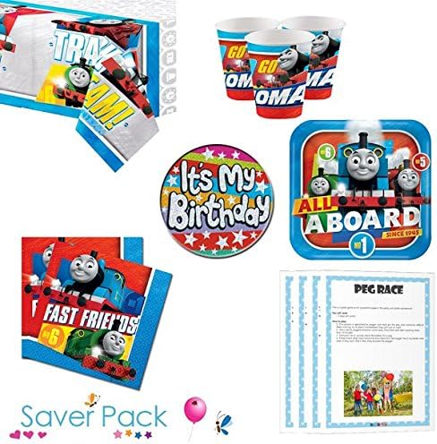 Thomas the Tank Engine Complete Children's Birthday Party Tableware Pack For 8, 16, 24 or 32 Guests - Includes Plates, Cups, Napkins, Tablecover, Badge And Downloadable Games (16 Guests)