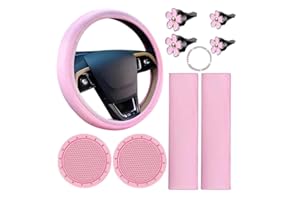 Glorlliant Juego de 10 Piezas de Funda de Cuero Rosa para Volante para Mujer, Lindo Juego de Accesorios de Automóvil con Almohadillas para Cinturón de Seguridad, Almohadillas para Hombros Y Portavasos