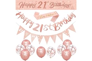 DEARLIVES 14 Pieces 21st Happy Birthday Party Supplies, Rose Gold Decorations Including Banner, Straps, Triangle Flag Bunting, Confetti Latex Balloons