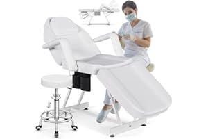 ONPNO Salon Beauty Bed and Hydraulic Stool, Adjustable 3-Section Massage Table w/Detachable Head Cushion, Professional Tattoo Chair, Facial Lash for Client/Esthetician, White, 70 x 140 cm
