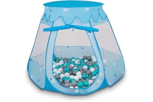 Selonis Tente 105X90cm/100 Balles Château avec Les Balles Plastiques Piscine À Balles pour Enfants, Bleu: Blanc-Gris-Turquoise