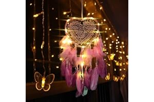 RAILONCH Herz Traumfänger Boho-Stil Handgefertigt LED Licht Wandbehang Romantische Dekoration (Dunkelrosa,Mit Lichtern)