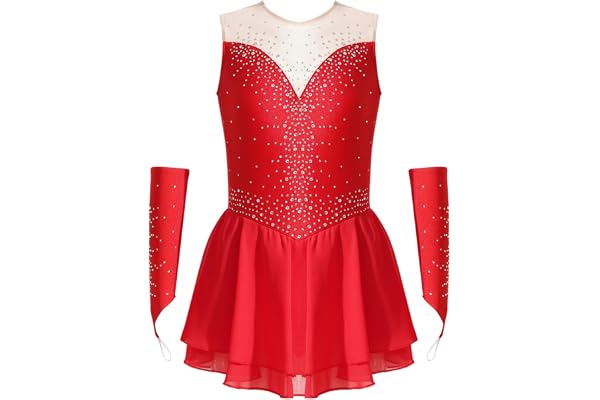 RUNQHUI Robe Patinage Artistique Fille Justaucorps Robe Danse Strass avec Manchettes Tenue Compétition Spectacle