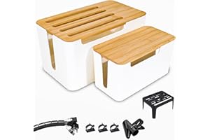 Fwilo Cable Tidy Box,Router Cable Management Box,With Cable Organiser Sleeve,Ldeal for Hiding and Organising Computers, TV Cabinets, On and off the Table Power Sockets Cables（Bamboo Lid),2 Kabel Box