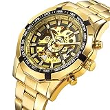 affute Herren Automatische mechanische Skelett Ziffernblatt Analog Handgelenk Uhren Edelstahl Armband, Gold