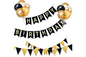 YIRAN Happy Birthday Decorations Kit with Black Gold Happy Birthday Banner, Triangle Flag Bunting Banner and Confetti Latex Balloons for Men Women Girls and Boys Party Decoration Birthday Party Supplies