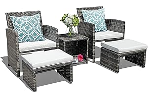 OC Orange-Casual 5-Piece Rattan Balcony Furniture Set, PE Rattan Garden Furniture Set, 2 Garden Chairs with Side Table and Stool, Garden Furniture Set Including Seat Cushion and Back Cushion, Bistro