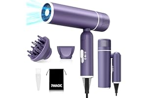 7MAGIC Travel Ionic Hair Dryer, Lightweight Foldable Blow Dryer with Diffuser for Curly Hair & Constant Temperature Care, Anti-Hair Suction Technology Hairdryers for Women, Purple
