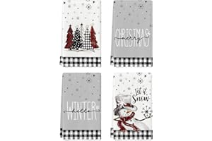 Artoid Mode Set di 4 asciugamani decorativi in poliestere con motivo a quadri di bufalo e alberi di Natale, 42 x 65 cm