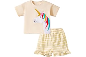 Gumyoss Mädchen Bekleidungsset Kaninchen Einhorn Regenbogen Katze Häschen Kurzärmliges T-Shirt und Shorts Set Kinder Sommer Outfit Kleidung Set Mädchen Gr.92-122