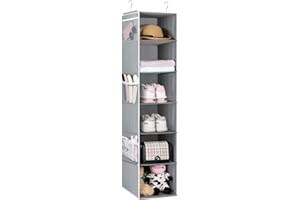 Univivi Hanging Wardrobe Storage Organiser, 6 Tiers Hanging Storage Shelves with 6 Side Mesh Pockets Canvas Foldable with Hooks for Clothes Shoes Toys Books, Glacier Grey, 52'' x 12'' x 12''