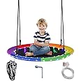 COSTWAY Children Nest Swing, 100cm Round Hanging Tree Swing Seat with 3/8 Modes LED Light & Length Adjustable Rope, Kids Saucer Swing Set for Garden Playground, 300kg Capacity (Rainbow)