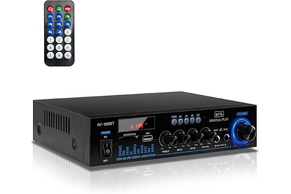 1000W amplificateur hifi, 2 Canaux ampli Bluetooth 5.0 RMS 60 W X2 Stereo pour Les Enceintes Domestiques enceinte hifi avec Contrôle des Basses et des Aigus SD USB FM 12V / 220V avec Télécommande IR