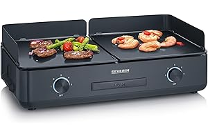 SEVERIN Plancha réglable jusqu'à 240°C, 2 200 W, Plaque de cuisson au revêtement céramique pour viandes, poissons & légumes, Gril électrique avec bac récupérateur de graisse amovible, Noir, PG 8569