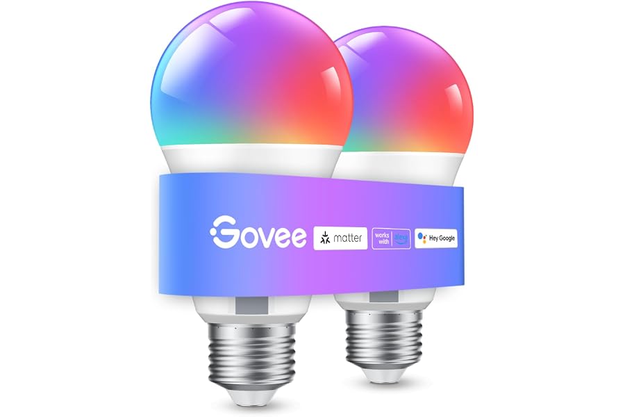 Govee Smart Glühbirne E27, WLAN LED Lampe RGBWW 800lm,dimmbare,2 Stück | Smart Bulb kompatibel mit Matter, Alexa und Google Assistant, 16 Millionen DIY-Farben,54 Szenen, Smart Home Zubehör