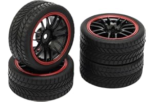Pxyelec 4 Pack Black RC 1:10 On-Road Racing Car Tires and Rims with 14 Spoke Plastic Hubs and V Tires
