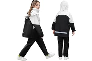 FILOWA Kids Waterproof Suit Girls Boys Hooded Waterproof Jacket and Trouser Set Breathable Rain Coat & Pants Lightweight Raincoat with Portable Bag Outdoor School Rain Suit for Teenager 8-14 Years
