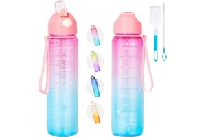 QCQHDU 1 Litre Sports Water Bottles, Large Capacity Time Maker Water Bottle, Plastic Leakproof Durable Drink Bottle for Sports, Gym, Fitness, Cycling, Travel, School and Office (Pink-Purple & Blue)