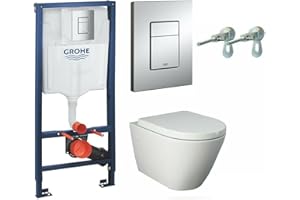 Anas Grohe Wc Frame 1.13 Concealed Cistern 38772001 RAK Ceramics Rimless Wall Hung Toilet Pan and Soft Close Seat