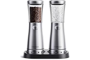 Salz und Pfeffermühlen elektrisch 2er Set aus Edelstahl (Wiederaufladbar, LED Beleuchtung, mit einstellbarem Keramikmahlwerk, Reinigungsbürste Bürste) Gewürzmühle elektrisch