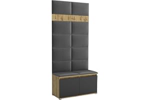 ‎BRENT Brent - Garderobenschrank Flur Artisan Eiche Schwarz mit sitzbank 100 cm Breit Luton 1 - Multifunktionale Flurgarderobe Set mit Stauraum und Wandpaneel, Garderobe mit Sitzfläche und Kleiderhaken