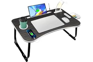 AirOpen Stolik Pod Laptopa, Składany Stolik z 4 Portami USB do ładowania, Szufladą, Podstawka pod Tablet, Miejscem na Kubek, Uchwytem do Przenoszenia, do łóżka, Sofy, Podłogę (60 x 40 cm, Czarny)