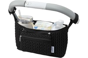 LUKJOJO Stroller Organizer - Stylish Quilting Nylon, Universal Fit, Detachable Bag, Insulated Bottle Holder for Baby Essentials (Black-B)