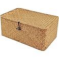 Small Wicker Storage Basket with Lid, Natural Rattan Seagrass Storage Box, Rectangular Household Organizer Boxes Shelf Wardrobe Organizer (S)