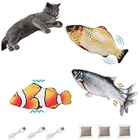 BangShou 3 Stück Elektrisch Spielzeug Fisch USB Elektrische Plüsch Fisch Kicker Katzenspielzeug mit Katzenminze für…