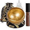 Neuytiky Bol Chantant Tibetain 8cm,Bol Tibetain 7 Metaux Fait Main,Bol Tibétain avec Maillet Cuir Coussin Pochette,Bol Tibetain Laiton pour Méditation Yoga Détente Guérison
