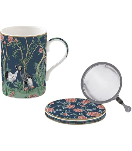 Coffret Tisanière 35cl Porcelaine Avec Filtre Inox - Ambiance Tropicale - Idéal Pour Infusions Et Thés