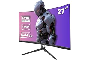 CRUA Monitor da gioco, 27" 144hz/165HZ Monitor curvo per computer, 1440P 1800R senza cornice, 1ms GTG con FreeSync, bassa sfocatura da movimento, Eye Care, VESA, Display Port, HDMI, Nero