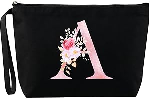 Blisswave Pochette Personalizzata dalla A alla Z, Regali per Donna, Mamme e Amica, Regali di Natale e Compleanno, Elegante e Carina Beauty Case da Viaggio con Iniziale Nome Floreale Rosa (Nero)