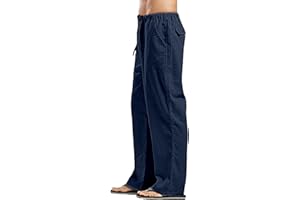 YAOHUOLE Men's Linen Trousers Lightweight Yoga Pants Elasticated Waist Straight Legs Drawstring Trousers