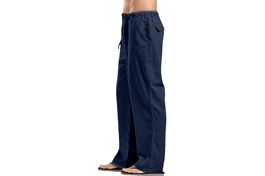 YAOHUOLE Men's Linen Trousers Lightweight Yoga Pants Elasticated Waist Straight Legs Drawstring Trousers