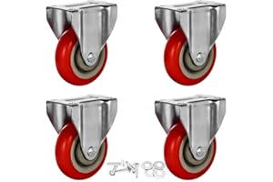 FACTORDUTY 4 Pack 4" Caster Wheels On Red Polyurethane Wheels Top Plate Non Swivel Rigid Fixed Stationery with Hardware