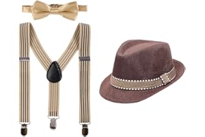 IWEMEK Kid Y-Back Adjustable Brace Suspender Pre-Tied Bowtie Short Trim Fedora Hat 3PCS Outfit for Boys/Girls