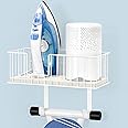Indian Decor 79102 Ironing Board Hanger Wall Mount Ironing Board Holder Laundry Room Iron and Ironing Board Storage Organizer with Storage Basket and Metal Hooks for T-Leg and Y-Leg, White