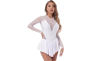 Freebily Women Adult Shiny Rhinestones Figure Ice Skating Dress Long Sleeve Roller Skating Lyrical Dance Costume