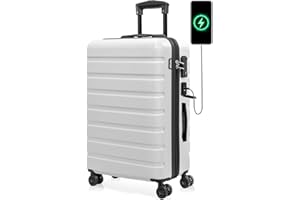 AnyZip Medium Suitcase 24-Inch Hand Luggage Suitcase with 4 Wheels Hard Shell Lightweight Hard Shell Suitcase with TSA Lock+USB Charging Port, PC+ABS, 24" White