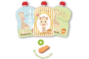 SQUIZ - FABRICATION SUISSE - Lot de 3 Gourdes Rechargeables et Réutilisables 90ml Sans BPA - Pour Compotes, Purées et Smoothies - Parfait pour Enfants de plus de 6 mois - Collection SOPHIE LA GIRAFE - ENTREPRISE FRANÇAISE