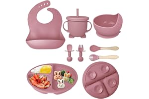 Hoidokly Baby Teller Kindergeschirr Sets, 8 Stücke Silikon Baby Geschirrset Mit Saugnapf Rutschfest Babyteller Schüssel mit Lätzchen Löffel Gabel Abwaschbar BPA Freie Babygeschirr für Baby(Dunkelpink)