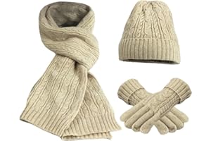 FEOYA Lot de 3 PCS Ensemble Bonnet + Écharpe + Gants Tricot Femme Chapeau en Laine et Acrylique Hiver Chaud