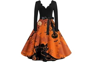 BTBDYDH Halloween Dress Retro Long Sleeve V Neck Dress Flare Vintage Hepburn Dresses Pumpkin Bat Witch Printed Cosplay Party Costume Cocktail Swing Dress Cute Novelty Gothic A-line Dress