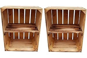 Teramico Caisses en Bois Massif légèrement brûlé avec étagère intermédiaire vissée, Objets de décoration Vintage, pour Ranger Chaussures, Livres Lot de 2.
