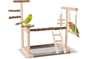 PRITOK Wooden Parrot Stand Playground with Perches: Bird Playground, Natural Wooden Playgym Exercise Toys, Training Stand Pole and Removable Tray for Cockatiels, Budgies, Lovebirds (36 x 23 x 39cm)