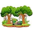 AH Decals Cartoon Forest Scene with Monkey Animated Wall Sticker Beautiful Created Designs Kids Room Sticker Wall, Hall, Living Room,Poster 3D Background Removable Sticker Gallery Poster