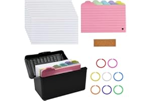 CAREDGO Scatola per flashcard con 325 Flashcard Carta14,5 * 9 * 8,5 cm, Scatola di Flashcard Nera con 8 Anelli, 1 Etichetta in Pino per Appunti da Ufficio