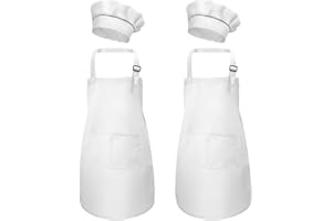 FANGEHONG 4 Piezas Blanco Niños Delantal y Gorro de Cocinero, Ajustable Infantil Delantales con Bolsillos para Niñas, Niñito Delantal de Chef Cocina para Cocinar Hornear Pintura Artesanía (M para 3-6 Años)