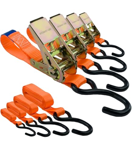 INTAKO Ratelriem, 2000 kg x 4 m x 35 mm, 2 stuks, bevestigingsriemen voor motorfiets, spanbanden met ratel oranje, voldoet aan de norm EN 12195-2 TÜV GS